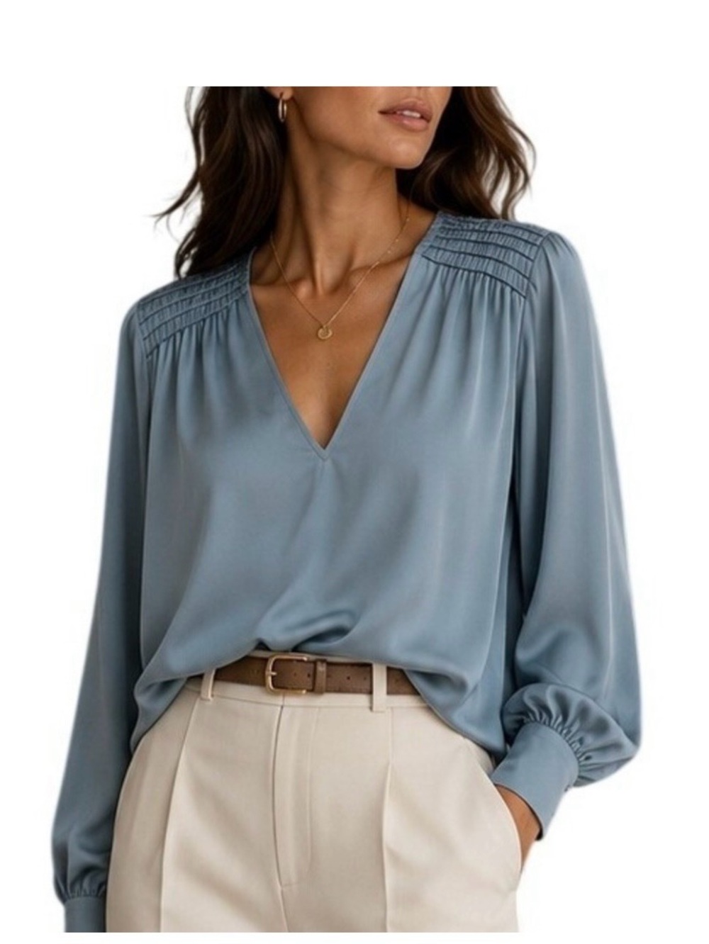 White House Black Market V-Neck Blouse | Dusty Blue | Long Sleeve | Workwear